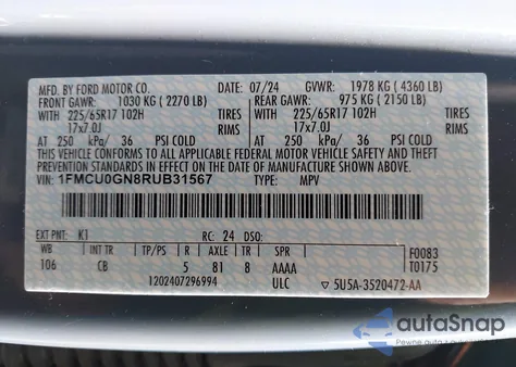 2024 Ford Escape Active from USA, damaged, VIN 1FMCU0GN8RUB31567